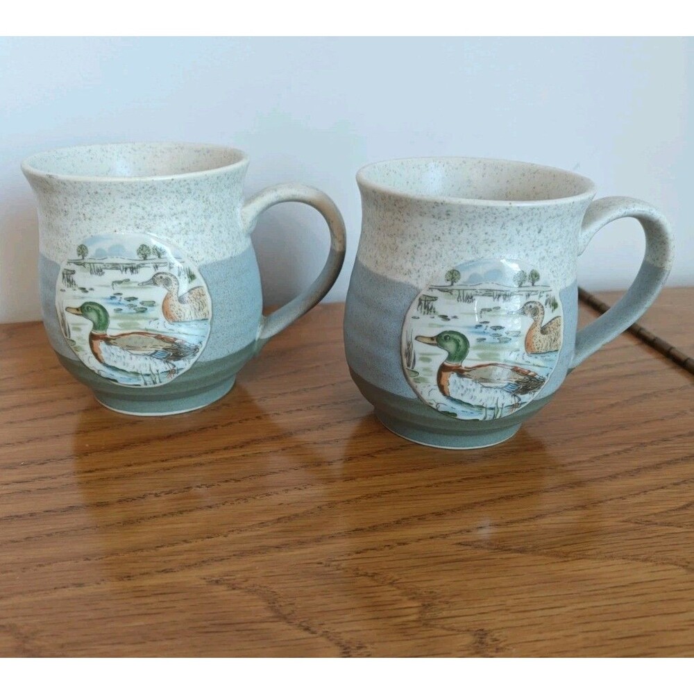 VTG Otagiri Japanese Stoneware Pottery Mallard Wood Duck Coffee Mug Cup Set Of 2